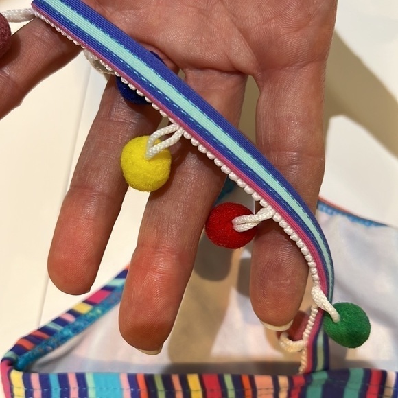 Betsey Johnson Girls One Piece Striped Bathing Suit with Pom Poms size 14 - Picture 9 of 13